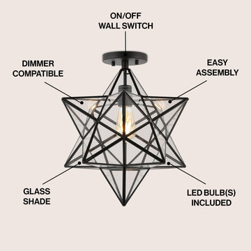 Ava 14.5" Farmhouse Bohemian Iron/Glass LED Semi Flush Mount - JONATHAN Y